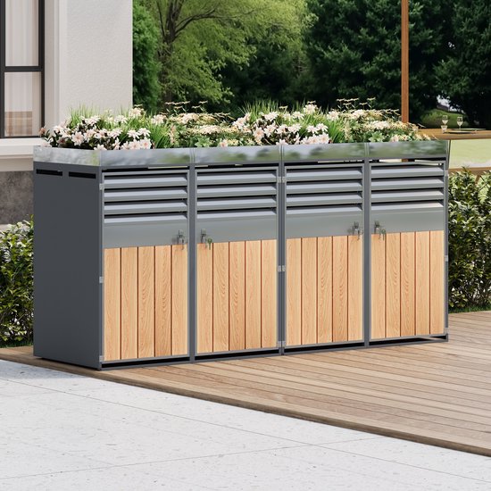 Zubaliya 1x Armoire à Poubelles Avec Bac à Plantes Et Ventilation - Armoire Extérieure Pour Quatre Bacs Avec Serrure - Grain de Bois Grijs - 132 Cm De Large