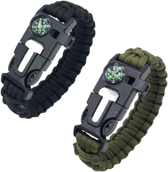 Zwarte en groene survivalarmbanden met kompas en gesp.