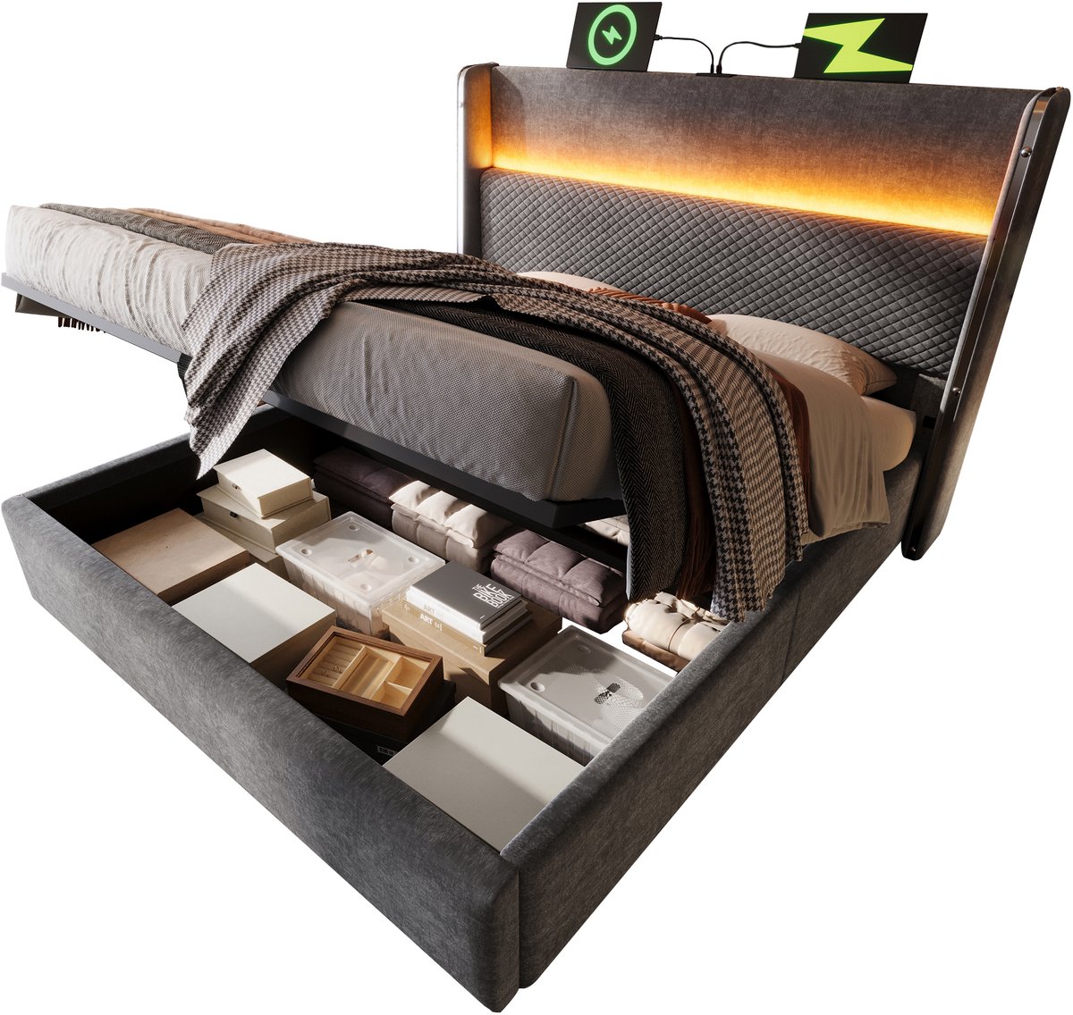 Wishdor Hydraulisch Bed 180x200 cm – Hoog Hoofdbord, LED & USB‑C – Opbergruimte – Matras inbegrepen – Linnen Grijs