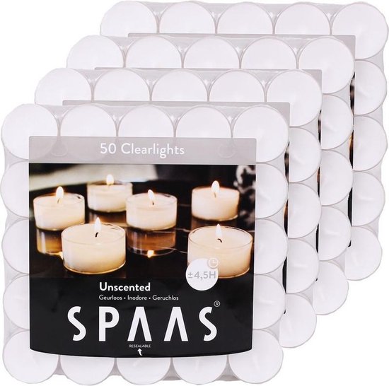 200x Clearlights witte theelichtjes/waxinelichtjes 4,5 branduren in hersluitbare verpakking - Geurloze kaarsen