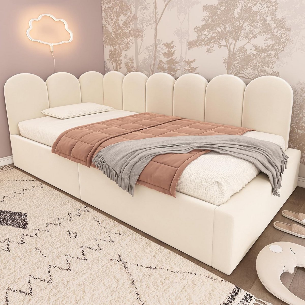 Bed 90 x 200 cm met opbergruimte en zijpanelen - fluwelen kinderbed in beige