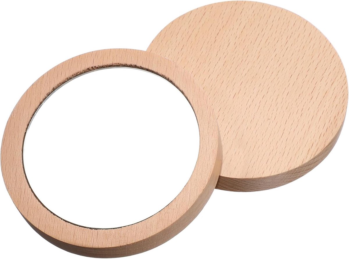 Set van 2 Houten Zakspiegels Rond - Compacte en Draagbare Handspiegel voor Handtas