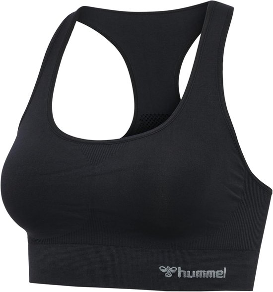 Zwarte naadloze sporttop met racerback en grijs Hummel-logo op de onderband.