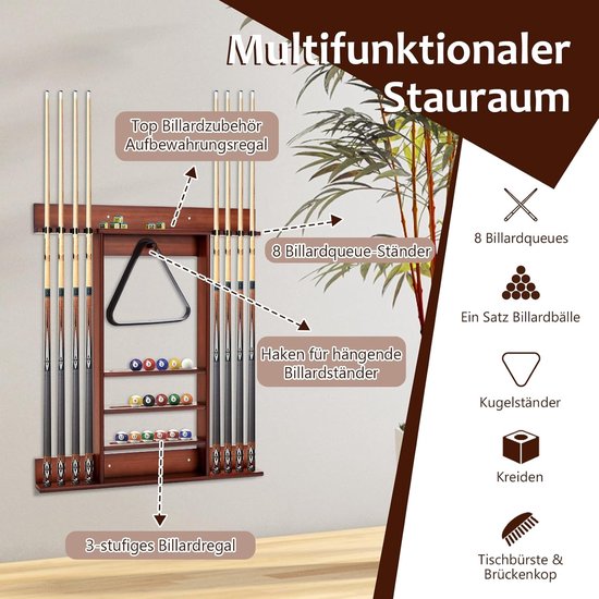 Biljartstandaard - Keurek - Biljartaccessoires Opbergen - Wandmontage - 79 x 8 x 91 cm - Bruin — afbeelding 3