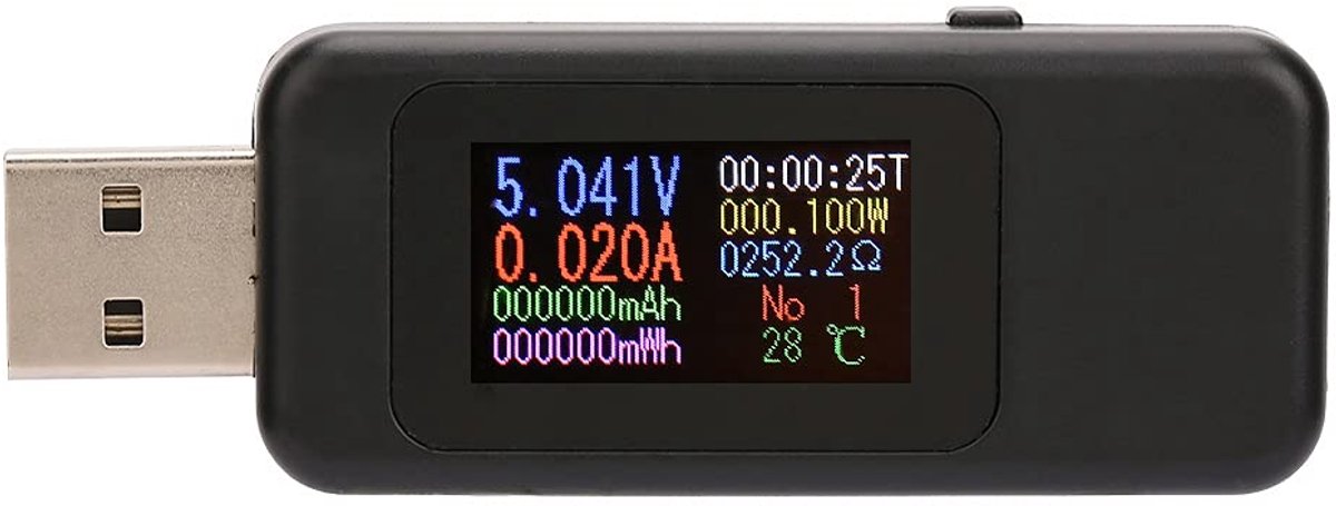 USB Tester - Spanning Ampèremeter - Oplader Controleren - Ondersteunt Fast Charge - 7 x 25 x 12 cm - Zwart