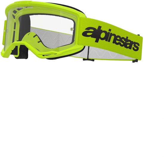 Alpinestars crossbril in fluor geel met een zwart met wit Alpinestars logo op de band. De bril heeft een helder vizier.