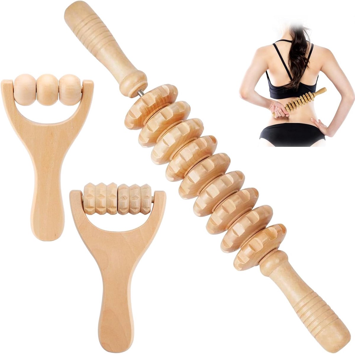 Set van 3 Houten Massagerollen voor Fascia en Spierontspanning - Beukenhout