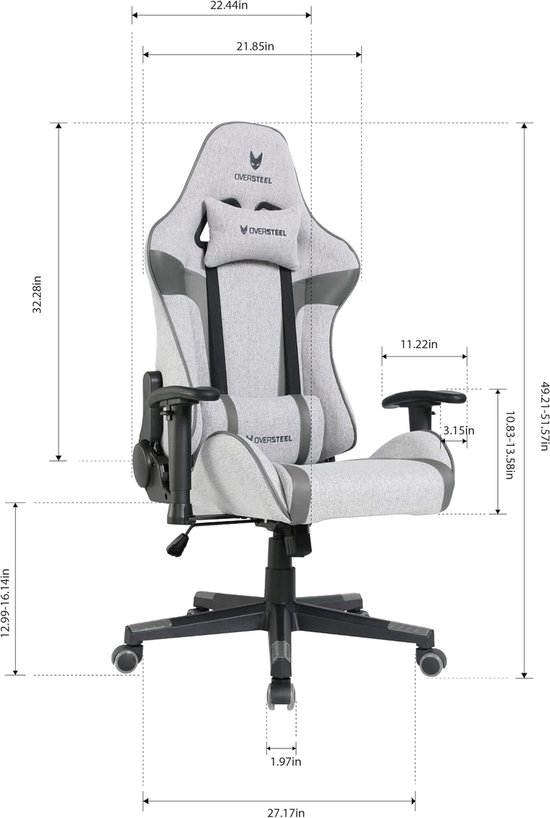 Professionele Gaming Stoel met Ademende Stof, 180° Verstelbare Rugleuning en Lumbaalsteun - Grijs van Merkloos — afbeelding 3