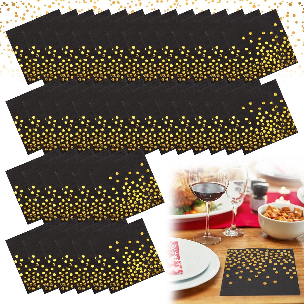 Zwarte Papieren Servetten met Gouden Stippen - 40 Stuks