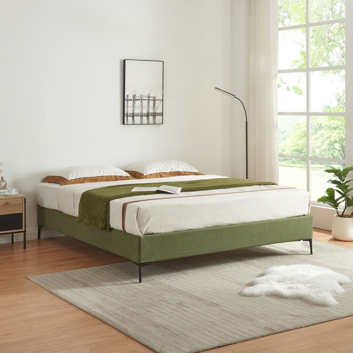 Gestoffeerd Tweepersoonsbed – Bedframe – Slaapbed – Lattenbodem – Tweepersoonsbed 140x200 cm – Afneembare Polyester Hoes – Stabiele Metaal Poten