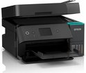 Zwarte Epson EcoTank multifunctionele printer, open aan de voorkant met een beetje lichtgroene accenten.