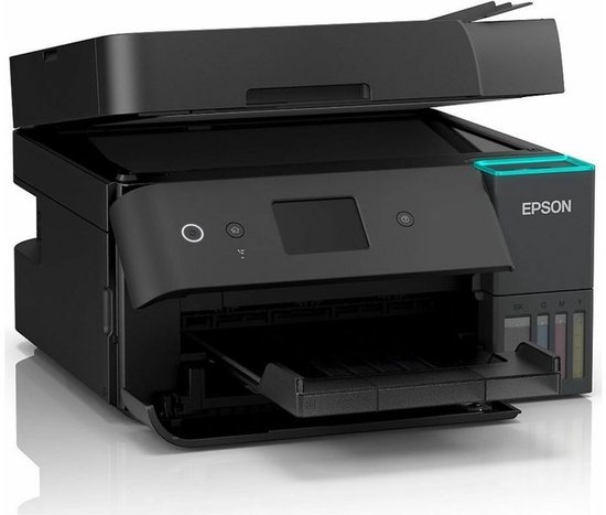 Zwarte Epson EcoTank multifunctionele printer, open aan de voorkant met een beetje lichtgroene accenten.