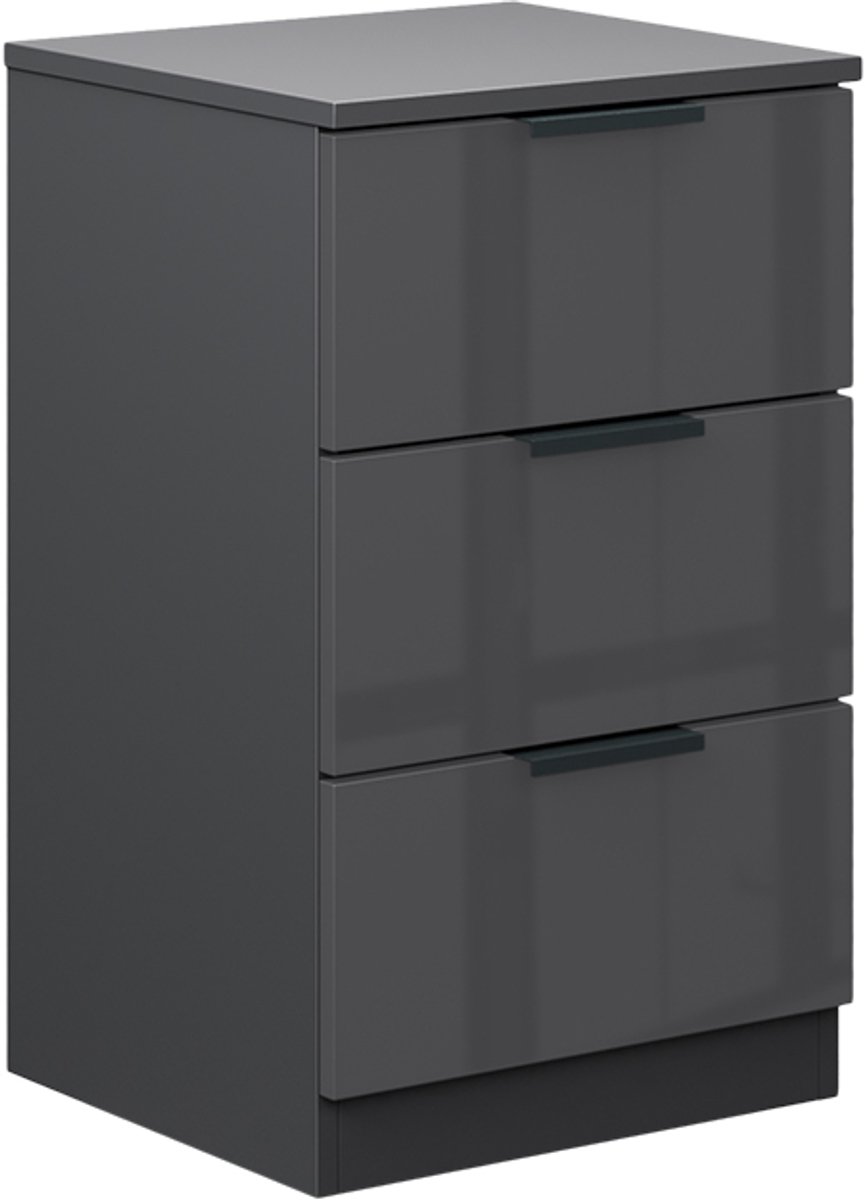 Vicco Fino Nachtkastje – 37.6 x 61.8 cm met 3 laden Zwart hoogglans