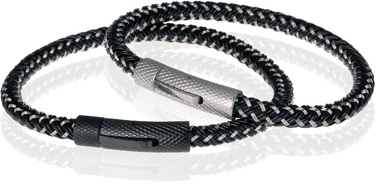 Tom Jaxon Heren armband geweven leer met Edelstaal Zwart-21cm