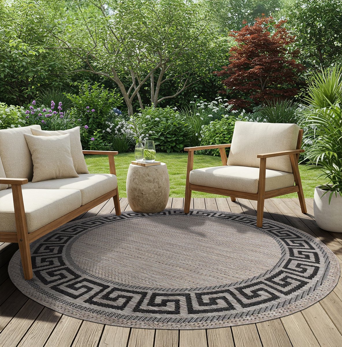 TAPISO Melissa Rond Vloerkleed Buiten & Binnen Zigzag Patroon Modern Tapijt voor Terras Balkon Keuken Bruin Beige Sisal Look Weersbestendig & OEKO-TEX 160x160
