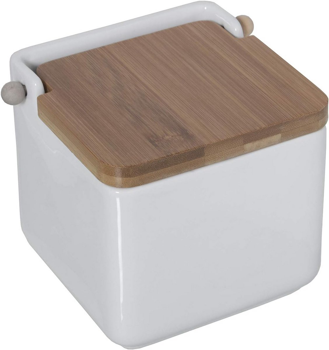 Zoutstrooier Keramiek Vierkant met Houten Deksel - 12x12x12 cm - Wit