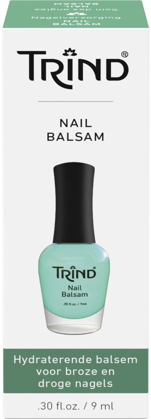 Trind Nail Balsam: lichtblauwe fles met zwarte dop, op een groene doos. "Hydraterende balsem voor broze en droge nagels"