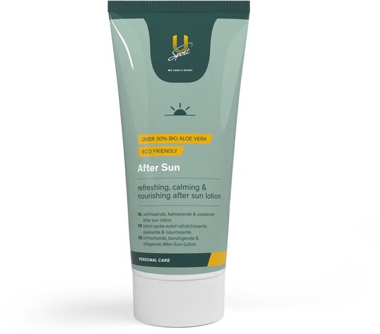U-Sport After Sun lotion tube, met "OVER 30% BIO ALOE VERA" en "ECO FRIENDLY".