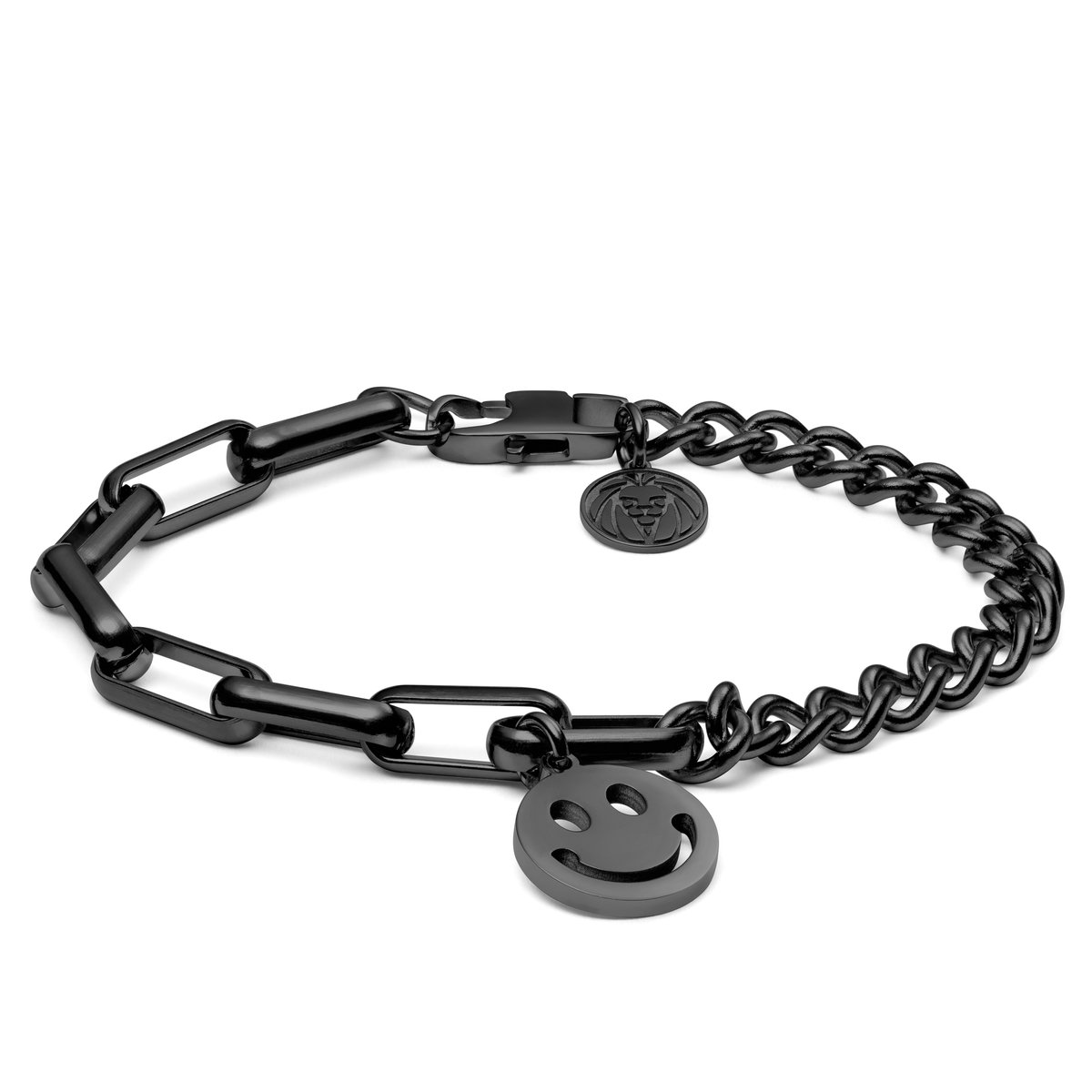 Clarke Gunmetal Amager Curb- & Kabelketting-armband met Smiley-hanger