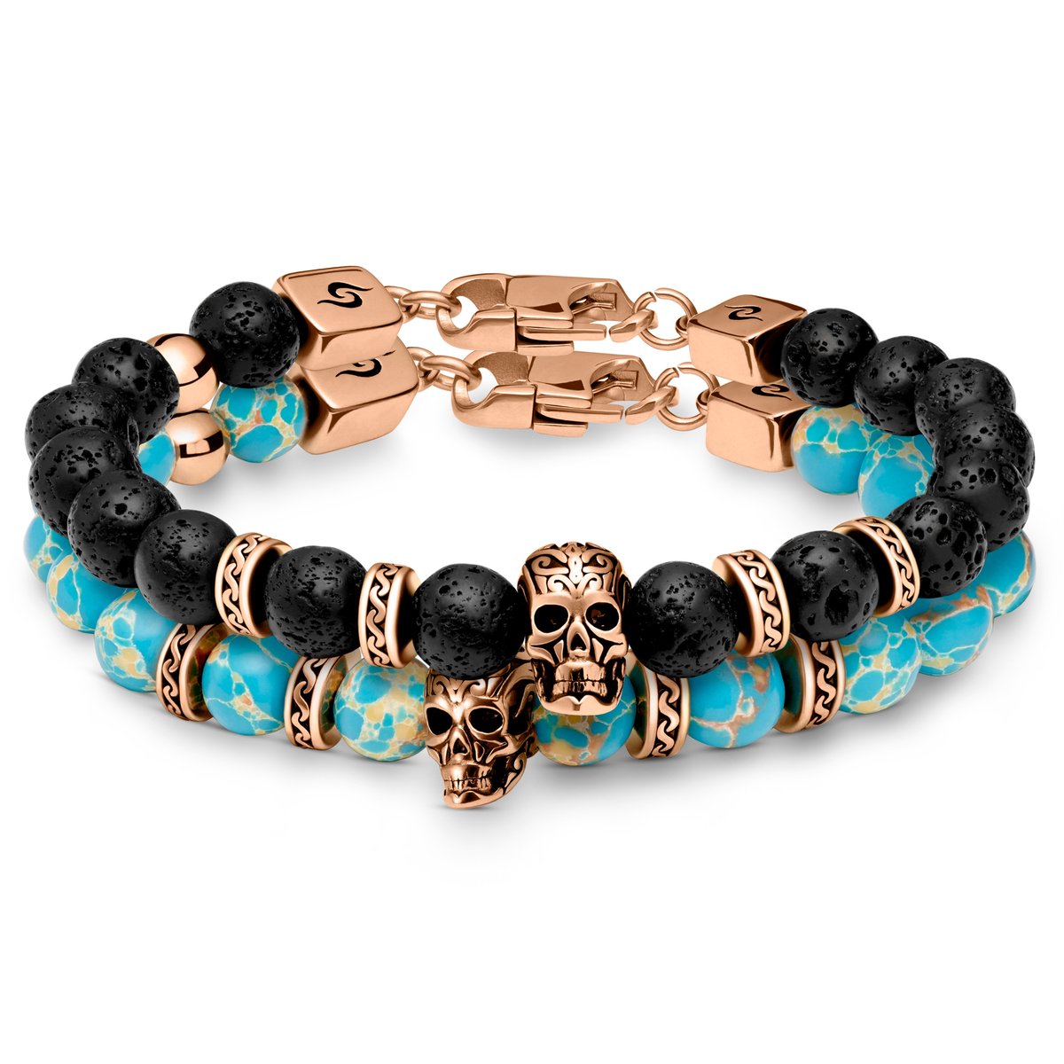 Rico | Roségoudkleurige Schedelarmbanden van Lavasteen en Turquoise Keizerlijke Jaspis