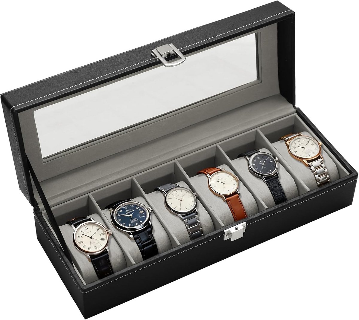 Luxe Horlogedoos met 6 Vakken en Doorzichtig Deksel - Horlogekist voor Heren en Dames