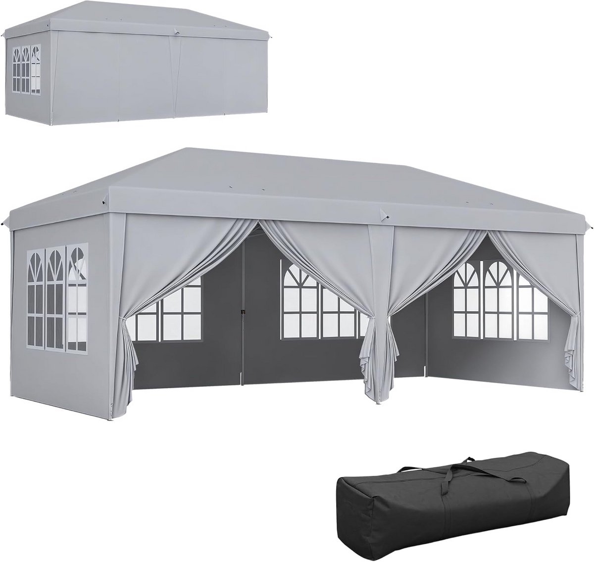 Opvouwbare Partytent 6x3m Lichtgrijs met 4 Zijwanden en Ramen