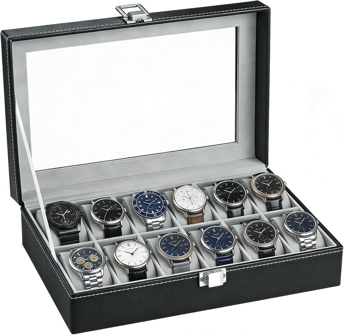 Luxe Horlogedoos met 12 Vakken en Glazen Deksel voor Heren en Dames Opslag