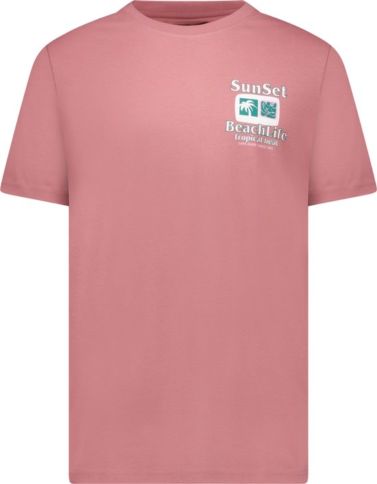 Zalmkleurige t-shirt met 'Sunset beachLife tropical heat' print op de borst.