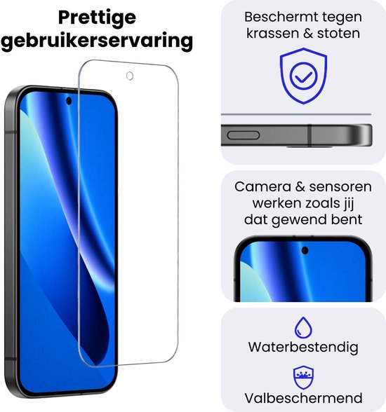 Screenprotector: beschermt tegen krassen en stoten, waterbestendig, valbeschermend. Werking camera & sensoren behouden.