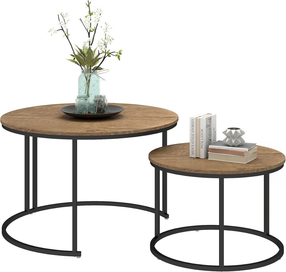 Set van 2 Ronde Nest Tafels met Houtlook en Zwart Metalen Frame