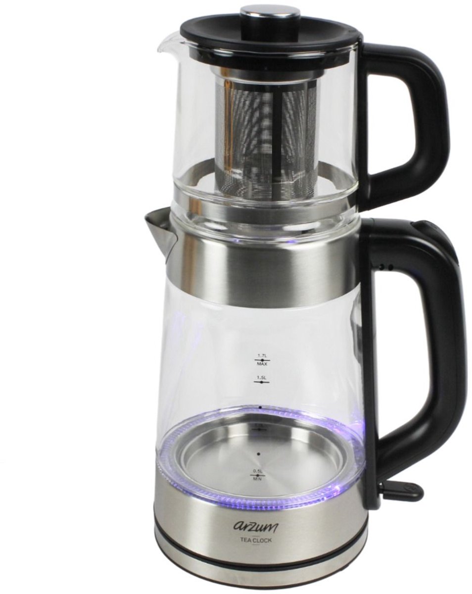 Arzum Tea Clock Elektrische Theepot AR3154-0600 | Glas - 1.7L + 1.0L - 360° basis - 2200W