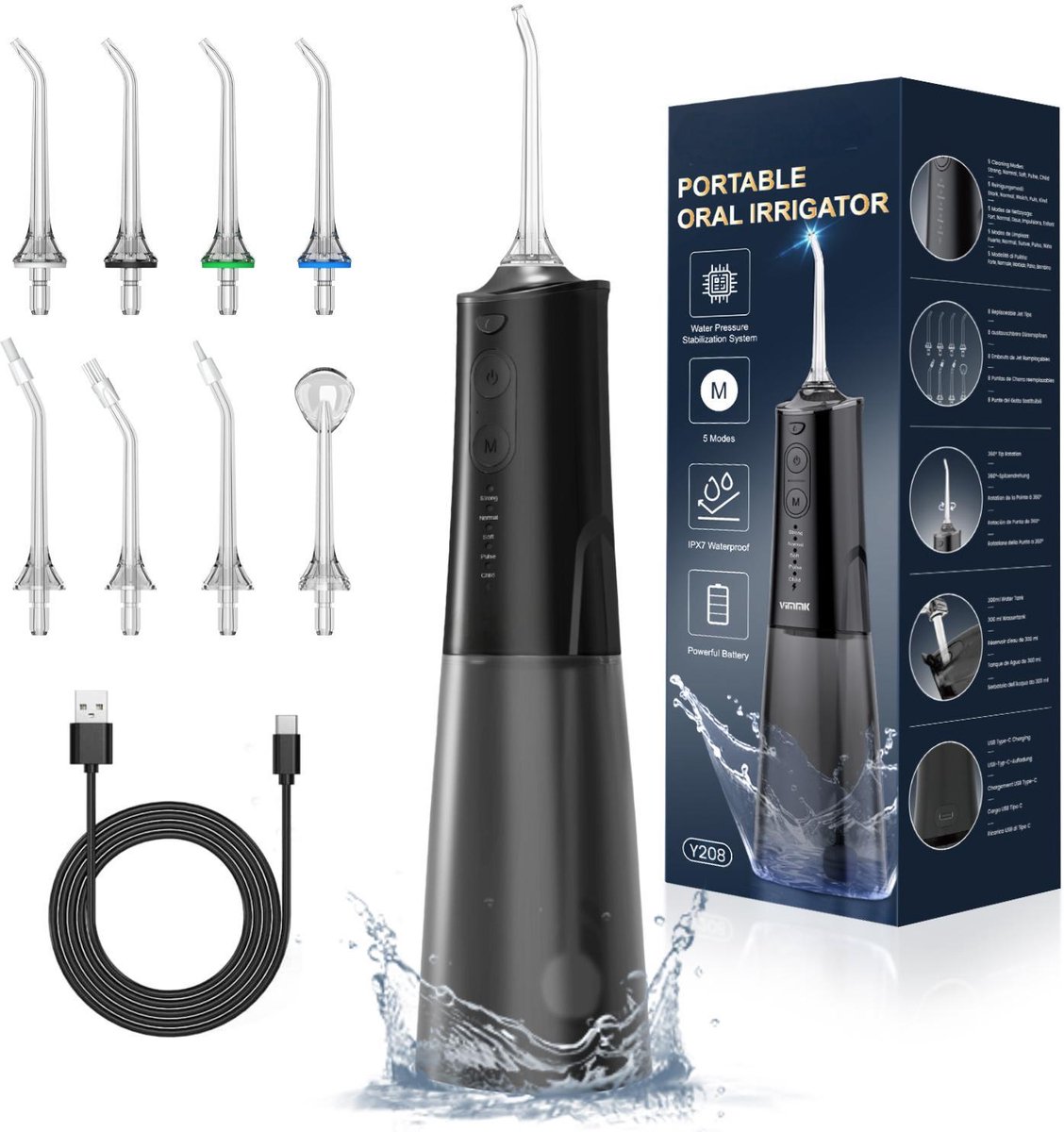 Waterflosser-Monddouche-Draagbare Mondirrigator-Tandirrigator met 8 Nozzles en 5 Standen-Waterdicht 300ML USB-C Oplaadbaar -ZWART.