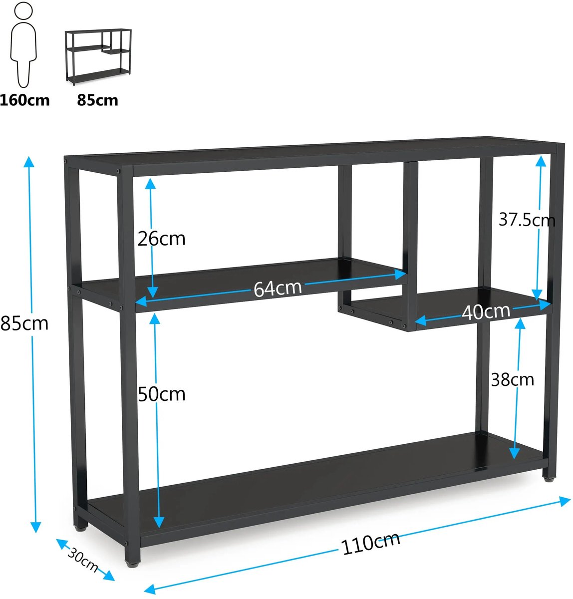 Smyl. Salontafel - Console Tafel - Bijzettafel - Dressoirtafel - Open - 109 × 30 × 85 cm (L × B × H) Zwart