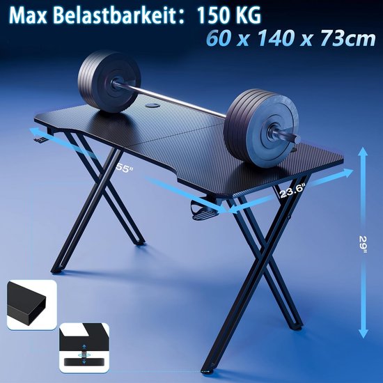 Gamer Bureau Zwart 140x60 cm met Kophouder en Headset Haak - Stevig X-Frame — afbeelding 5