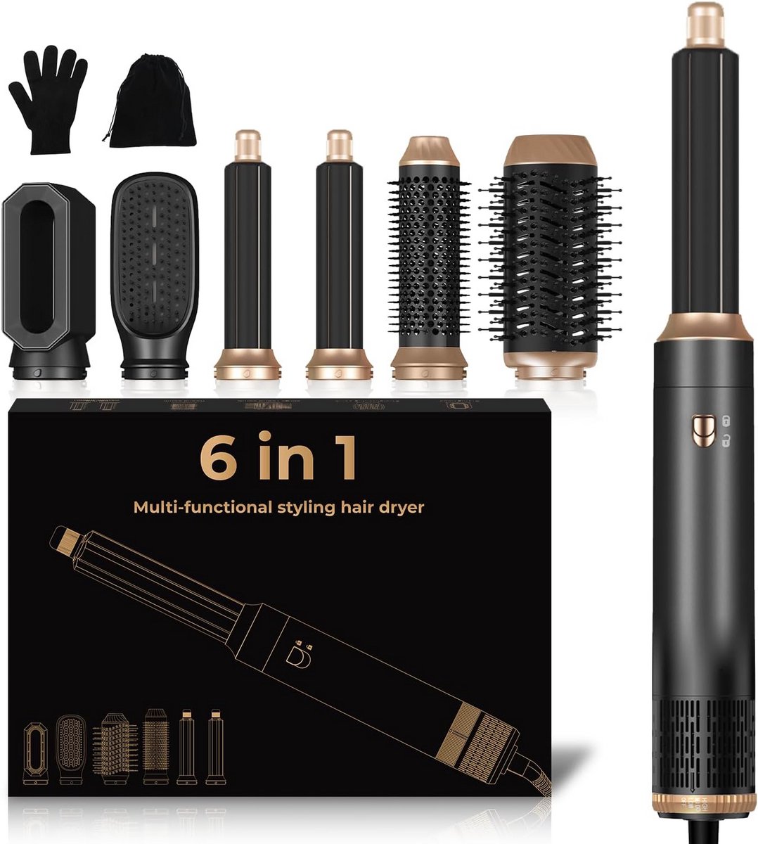 Föhnborstel Styler 6 in 1 Multifunctionele Hete Lucht Styler voor Krullen en Stylen