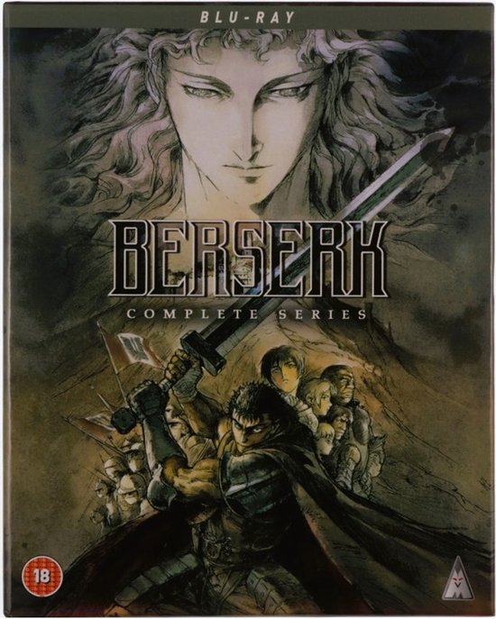 Berserk Complete Series Blu-ray hoes met Guts die een zwaard hanteert, voor een vrouwelijke figuur.