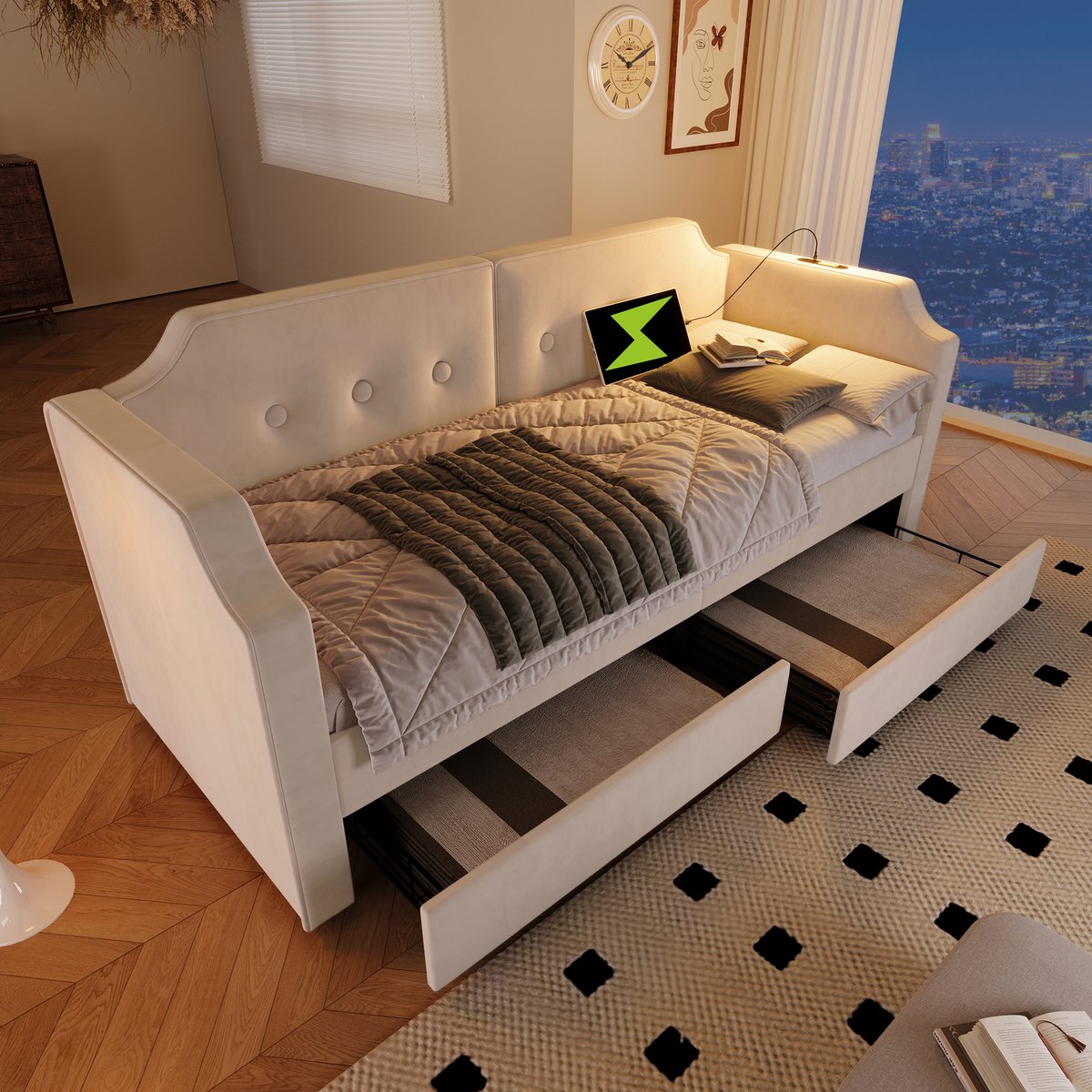 Wishdor Gestoffeerd Bed 90x200 cm – Knoopdetail Rugleuning – Leeslamp – USB en Type-C – 2 