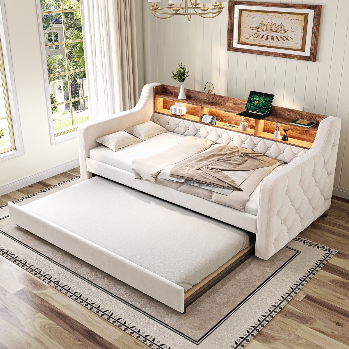 Wishdor Slaapbank 90x190 cm – Uittrekbed – Opbergrek met LED en USB-C – Fluweel – Beige