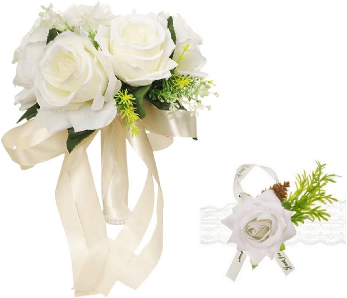 Romantisch Zijden Bruidsboeket voor Bruiloft en Feest - Witte Kunstbloemen met Lint
