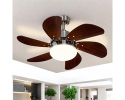 Glitzerlife - Plafond ventilator met verlichting - Ventilator lamp plafond - stille plafondventilator - stille motor met afstandsbediening -E27 ijzer en acryl - Ø75cm - notenhout
