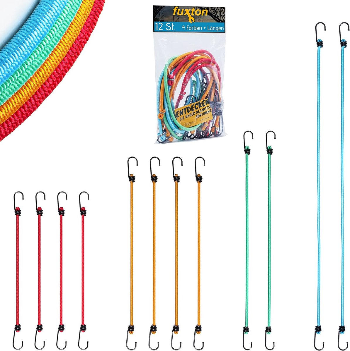 Set van 12 spanbanden met haken in verschillende lengtes en kleuren voor auto, camper, motorfiets en aanhanger