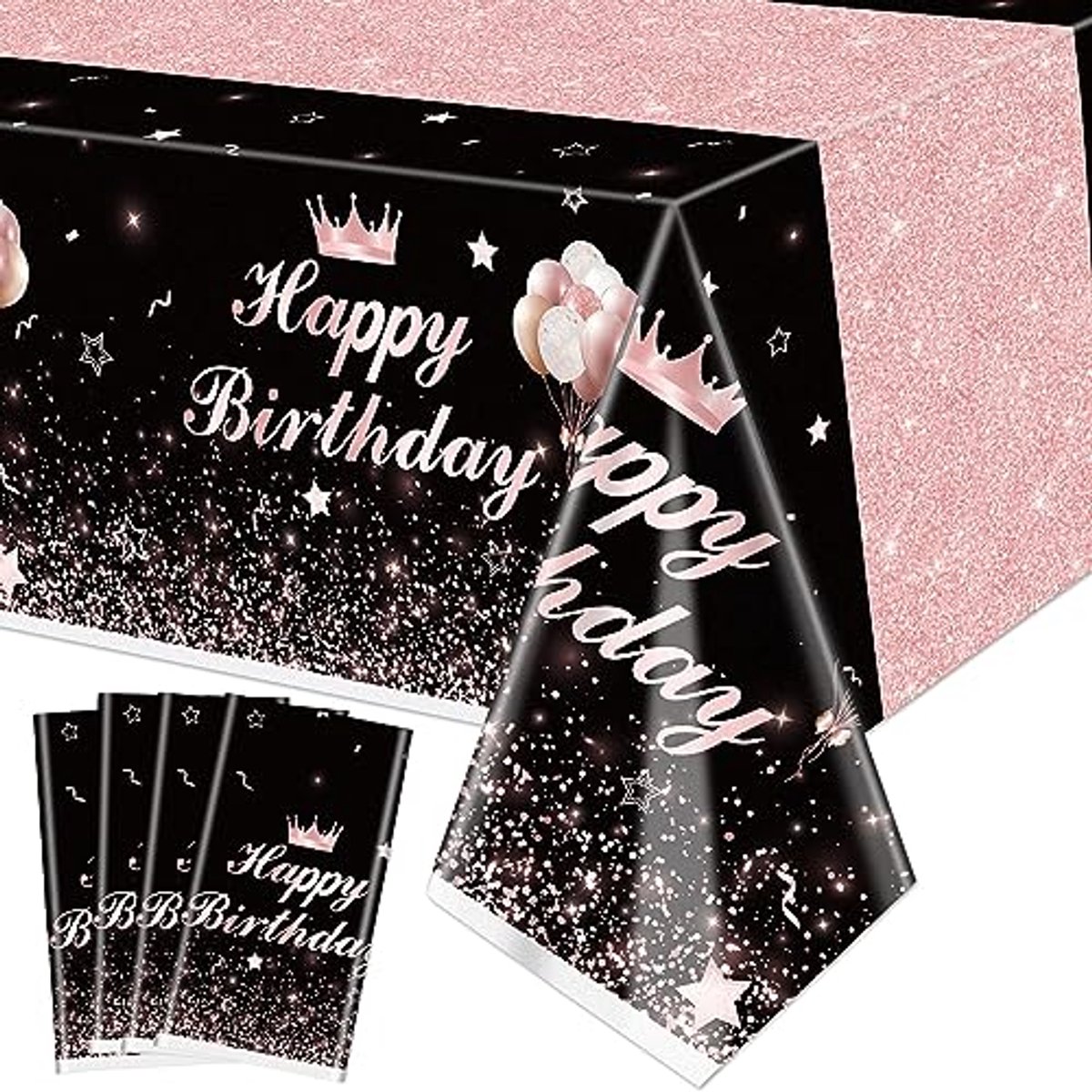 Ultiluxe® Tafellaken - Happy Birthday Tafelkleed - Tafeldecoratie - 130 x 180 cm - Partydecoratie - Waterafstotend - Kunststof - Wegwerp - Voor feestjes en verjaardagen - Zwart/Goud/Roze