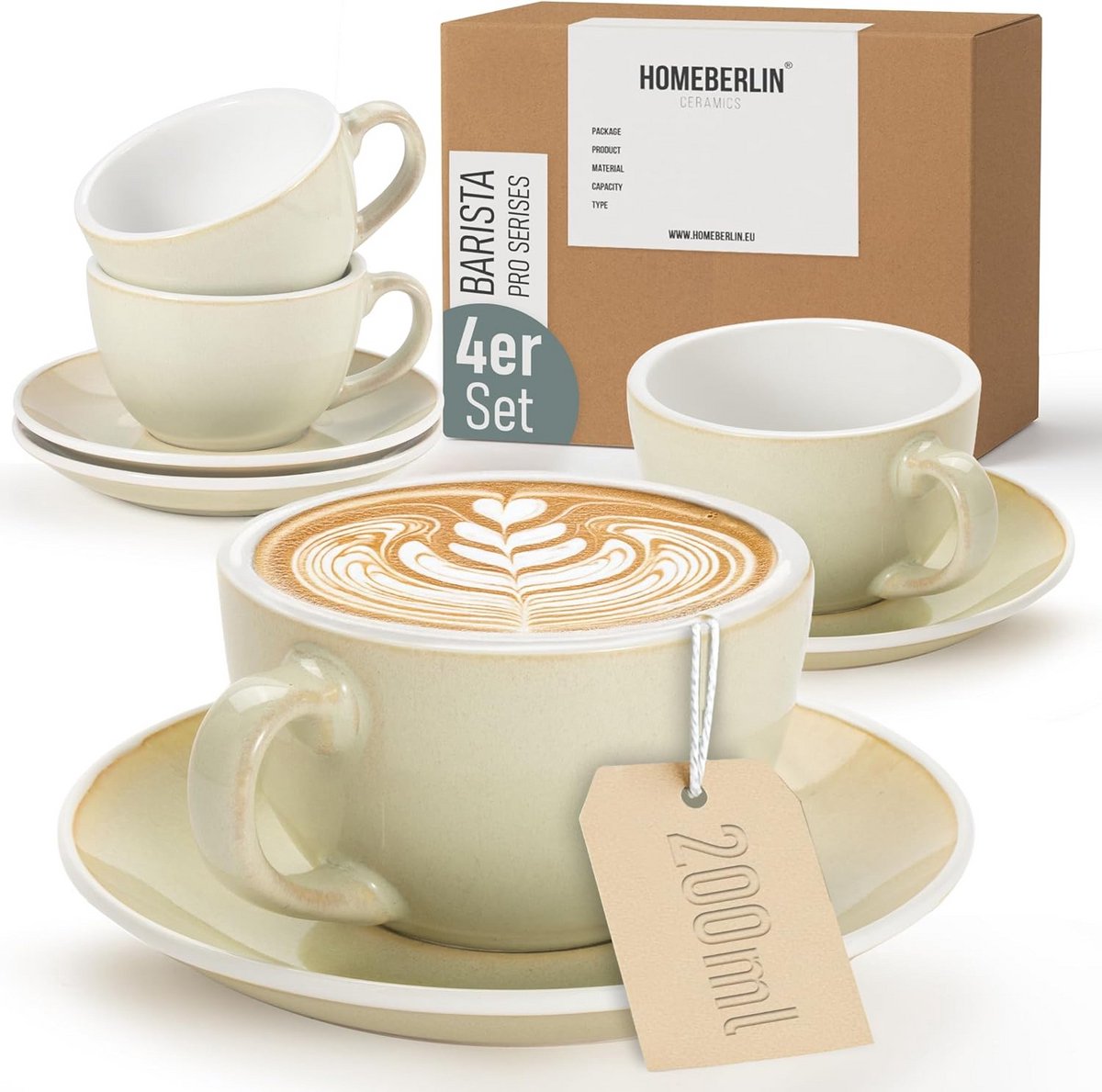 Premium Cappuccinokopjes Set van 200 ml - Hoogwaardig Aardewerk met Schoteltjes