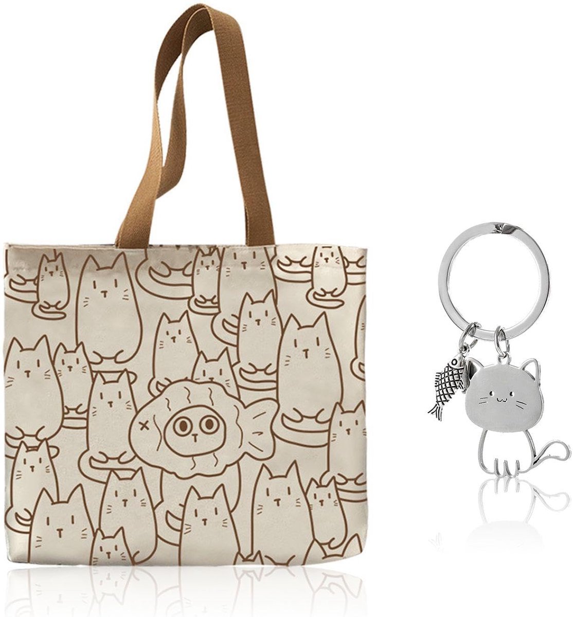 Canvas Tas Met Kattenpatroon En Sleutelhanger - Opvouwbare Boodschappentas