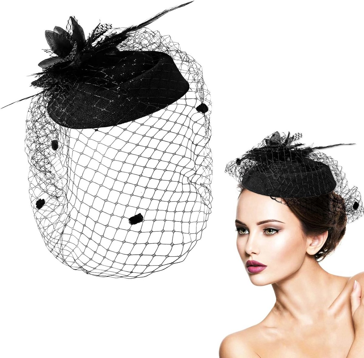 Elegante Vintage Fascinator Hoed voor Dames met Sluier en Veren