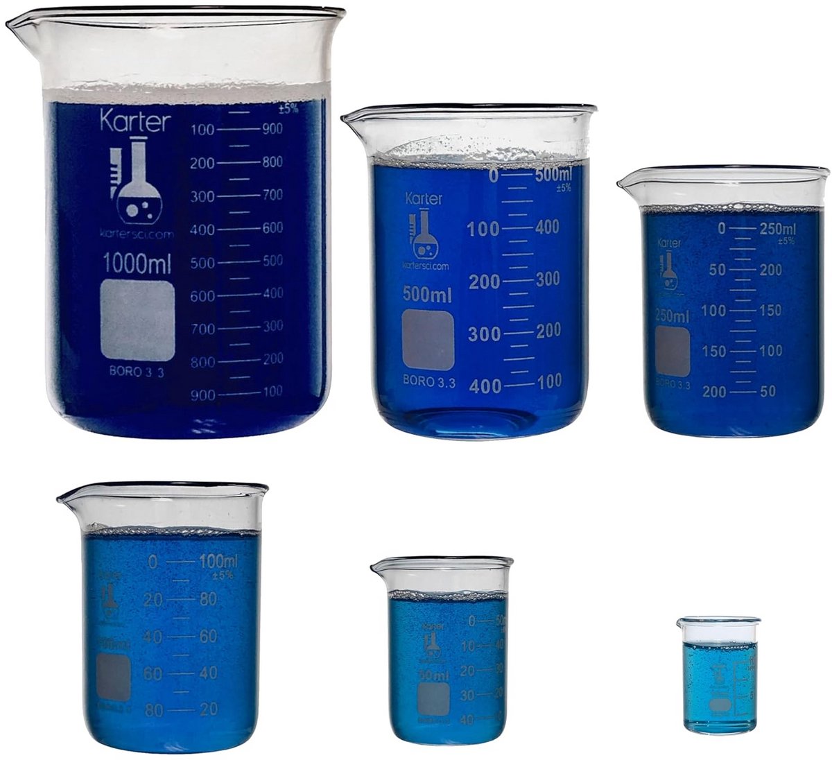 Borosilicaatglas maatbekerset - 5-delige set 50, 100, 250, 500, 1000 ml