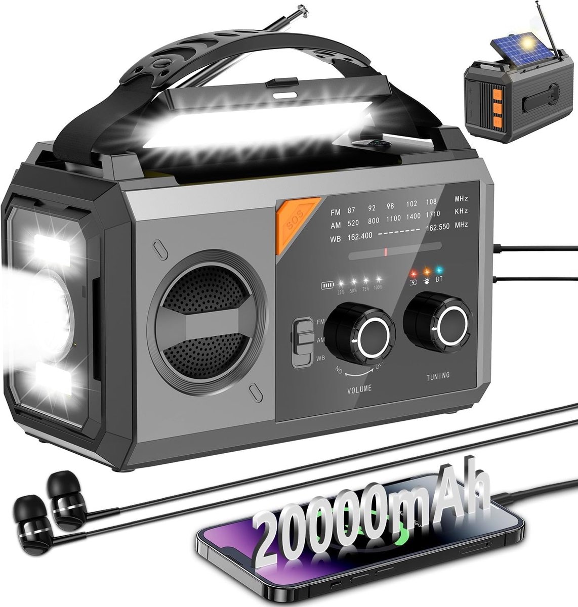 20000mAh Weerradio voor Noodgevallen met Draadloze Luidspreker, Zonne-energie, Handslinger en SOS-Alar