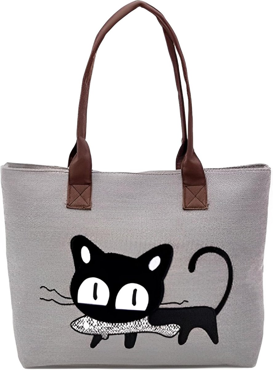 Schoudertas Dames - Casual Canvas Tote met Kat Print - Multifunctionele Handtas voor Strand, School en Shopping