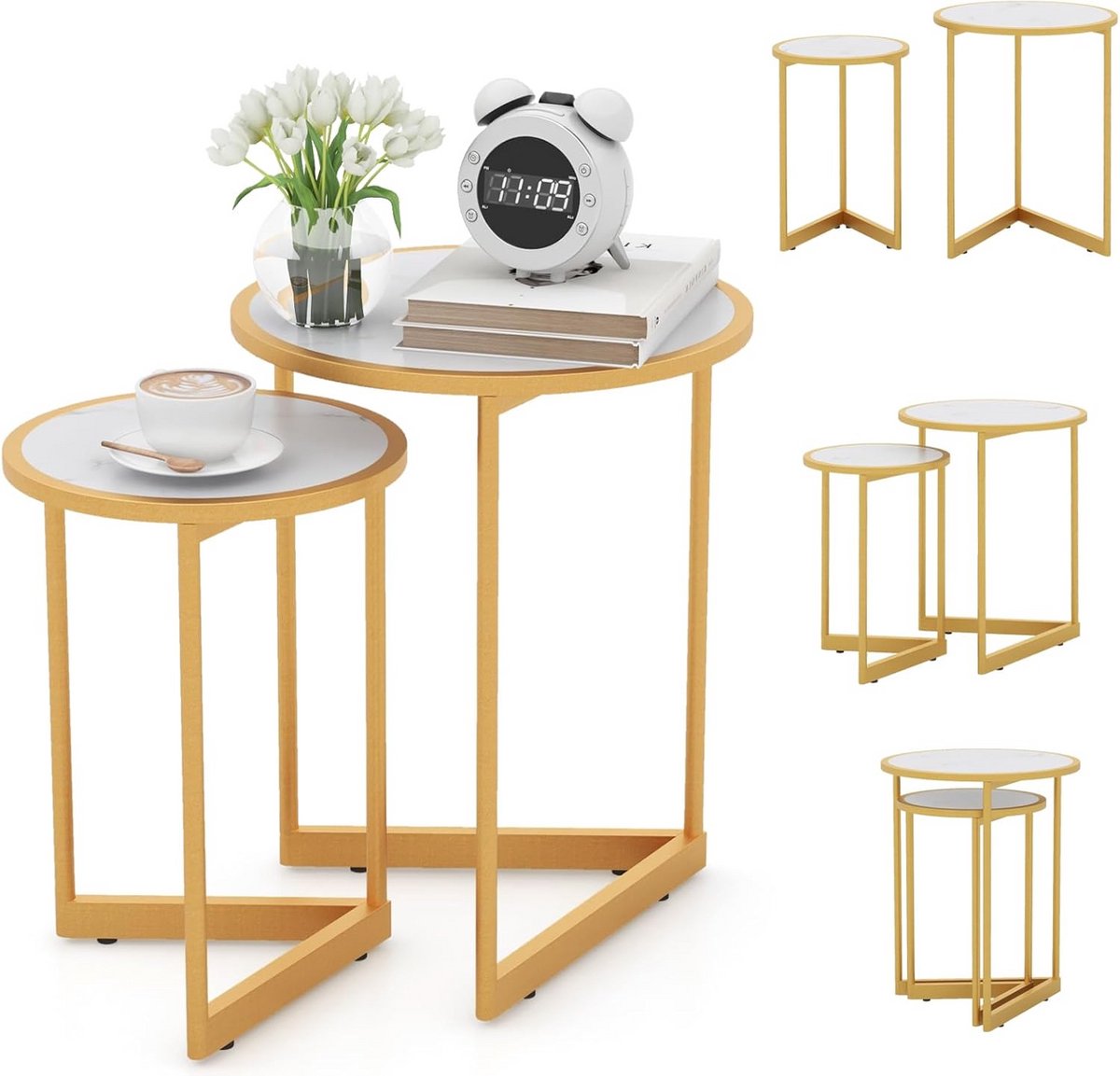 Set van 2 uittrekbare ronde salontafels met marmereffect en gouden poten