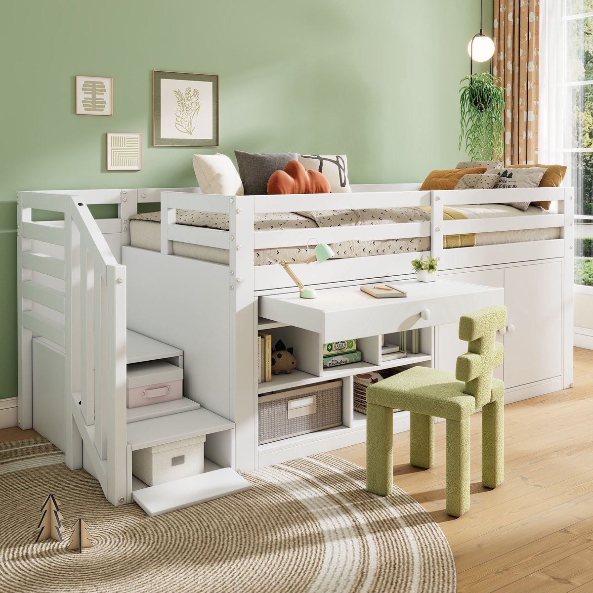 MIVRAY Kinderbed 90x200cm - Met Trap En Opberglades Als Bureau - Omkeerbare Kast En Trap L